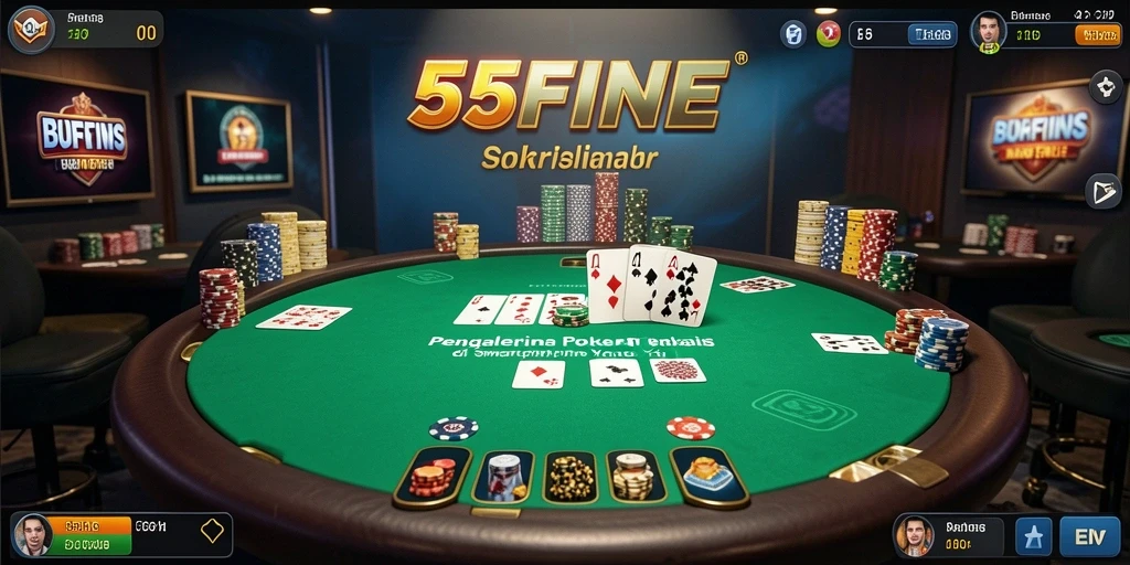 Screenshot gameplay menarik dari 55FIVE yang menunjukkan suasana poker yang mendebarkan.