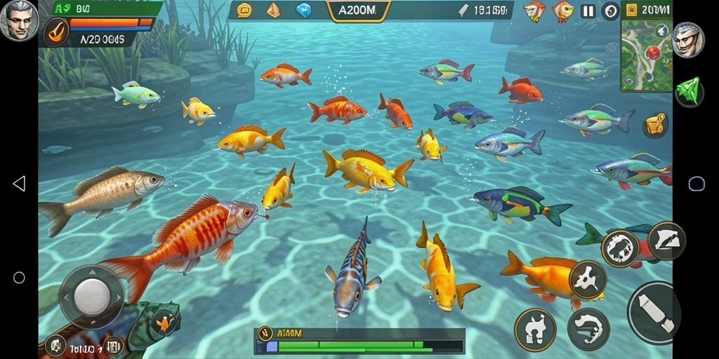 Tangkapan layar A200M menampilkan aksi seru menangkap ikan dalam permainan.