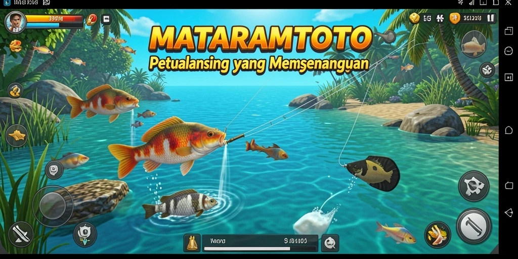 Screenshot gameplay MATARAMTOTO menampilkan aksi seru memancing di lokasi indah.
