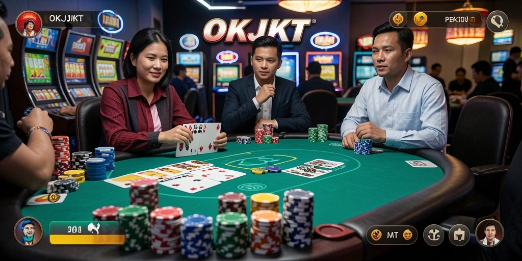 Tampilan gameplay menegangkan saat bermain poker di OKJKT.